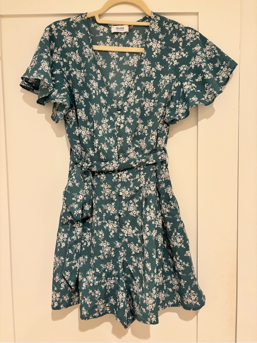 Bluivy Teal Floral Wrap Romper with Tie Belt